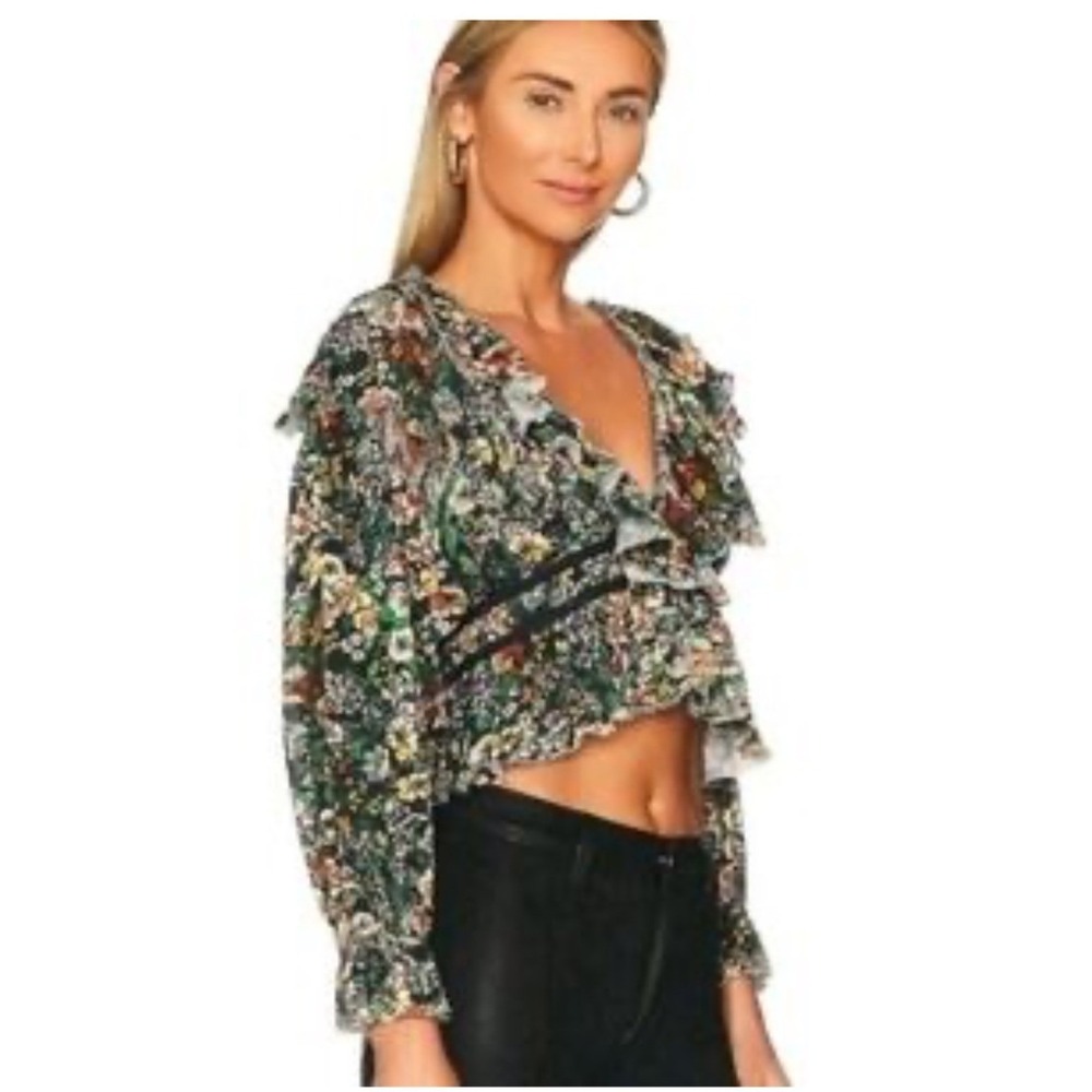 Free People Floral Mesh Ruffle Crop Top Long Sleeve V-Neck Boho Blouse Medium